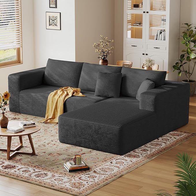 108'' Modular Sectional L-Shaped with Chair,Deep Seat Boneless Corner Couch for Living Room,Plush Corduroy Couch with Detachable Sofa Set,No Assembly(Right Facing Chaise，Gray)