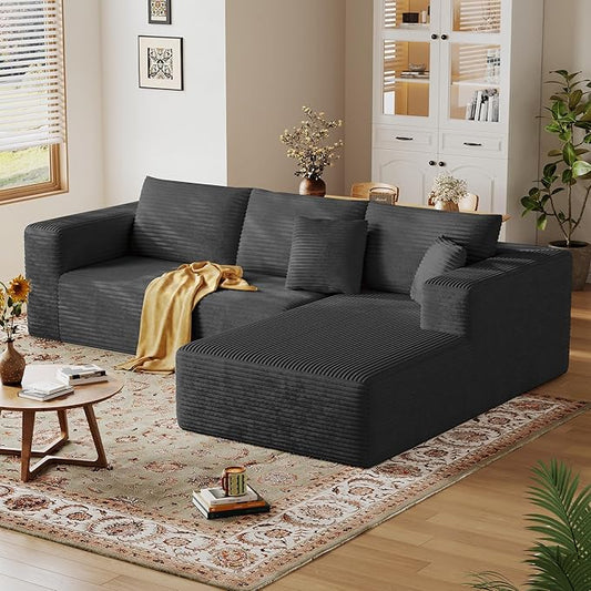 108'' Modular Sectional L-Shaped with Chair,Deep Seat Boneless Corner Couch for Living Room,Plush Corduroy Couch with Detachable Sofa Set,No Assembly(Right Facing Chaise，Gray)