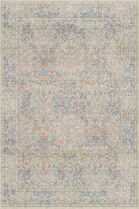 Washable Dining Room Rugs, 6x9 Area Rug for Living Room, Bedroom, Kids Playroom, Baby Nursery - Low Pile Non-Slip Lightweight - Oriental Vintage Design & Stain Resistance (6x9 Light Beige Blue)