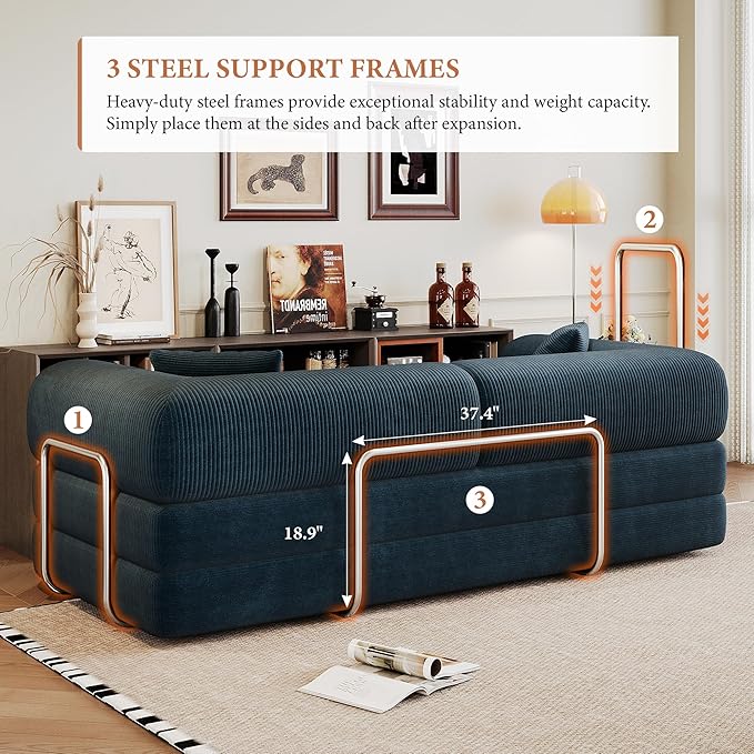 Boneless Couch Sectional Sofa,Convertible Sofa Bed with Sleeper Sofa,Futon Floor Couch Folding Sofas for Living Room,Bedroom,Apartment (Blue, 78.8''W)