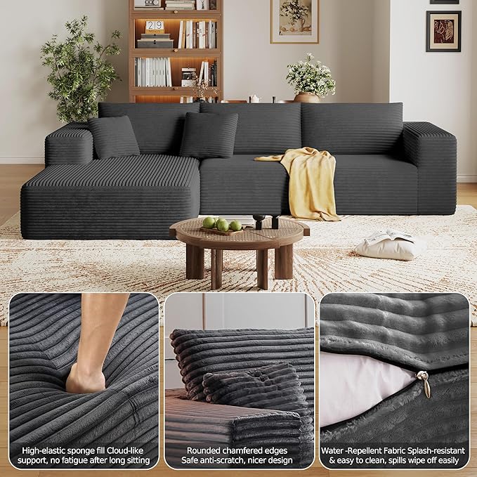 108'' Modular Sectional L-Shaped with Chair,Deep Seat Boneless Corner Couch for Living Room,Plush Corduroy Couch with Detachable Sofa Set,No Assembly(Left Facing Chaise，Gray)