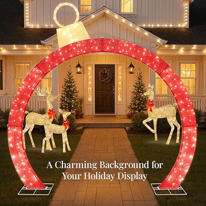 Best Choice Products Large Outdoor Christmas Lighted Archway Decoration, 9.5ft XL with Gold Ornament Cap, 330 LED Lights, Holiday Yard Décor - Red