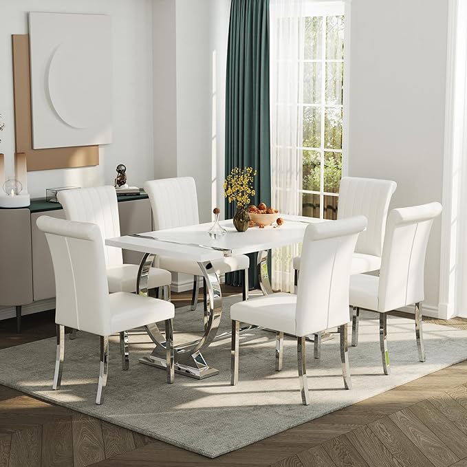 ACEDÉCOR 60in White and Silver Dining Table for 4-6, Modern Luxury Kitchen Room Table with Rectangular Lacquer Top and Silver Stainless Steel Circle Base