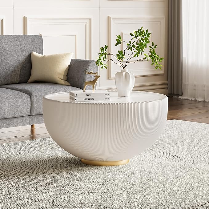 Round Coffee Table Set with Sintered Stone Tabletop, 27.56" White Drum Center Table and 19.69" Black Coffee Table Set, 2 Pieces Living Room Table Set with Fluted PU Leather Cover& Metal Base