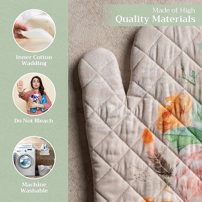 Maison d' Hermine Oven Gloves 100% Cotton Oven Mitt 7" x 13" with Loop Heat Resistant, BBQ, Cooking Gloves, Baking, Grilling, Kitchen, Handling Hot Pans Spring/Summer (Pack of 1, Ibiza - Beige)