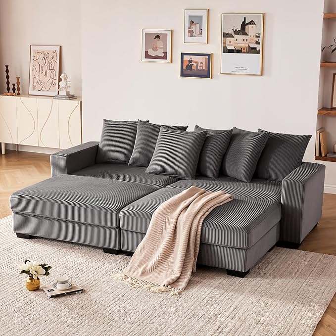 101.6" Deep Seat Corduroy Sectional Couches for Living Room, Comfy Upholstered Modular Sectional Sofa Bed, Cloud Couch with Thickened Cushions Widened Armrests，2 Seats + 2 Ottoman，Dark Grey
