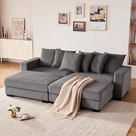101.6" Deep Seat Corduroy Sectional Couches for Living Room, Comfy Upholstered Modular Sectional Sofa Bed, Cloud Couch with Thickened Cushions Widened Armrests，2 Seats + 2 Ottoman，Dark Grey