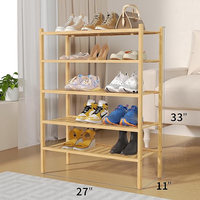 5 Tier Bamboo Shoe Rack for Closet Free Standing Wood Shoe Shelf for Entryway Small Space Stackable 27"x11"x33" (Natural)