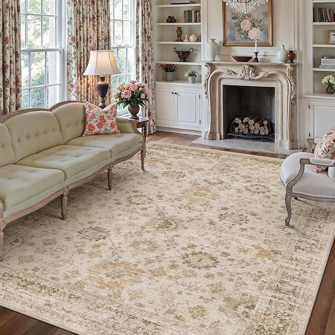 Beige 8x10 Area Rug Non Slip Large Vintage Living Room Distressed Machine Washable Retro Carpet Indoor Bedroom Traditional Floral Accent Throw Rug for Office Kitchen Dorm Dining Room