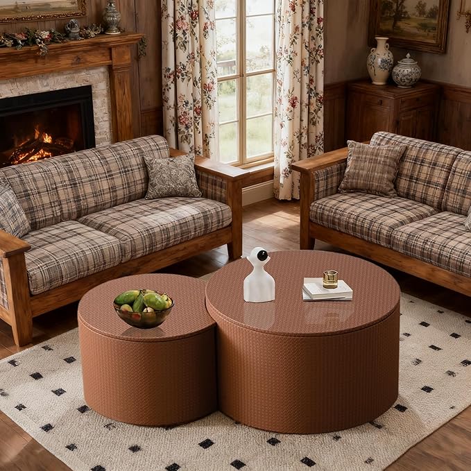 Round Nesting Coffee Table Set of 2, Round Fluted Coffee Tables with Storage for Living Room Leather Veneer Modern Nesting End Side Tables for Small Spaces (A Storage Brown)
