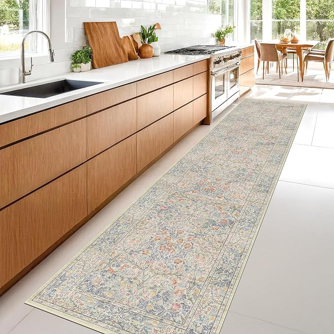Beige Blue Washable 2'6"x10' Wide Hallway Runners, Kitchen Runner Rug, Non-Slip & Stain Resistant 10ft Long Floor Rug, Retro Lilic Boho Floral Décor