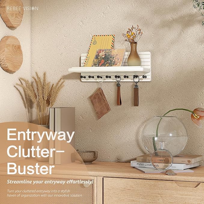 Rebee Vision Rustic Key Holder Wall Mount for Home Decor – Modern Key Hook with 8 Sturdy Hooks & Floating Shelf – Chic Wall Organizer for Entryway, Living Room, or Kitchen Decor(White)