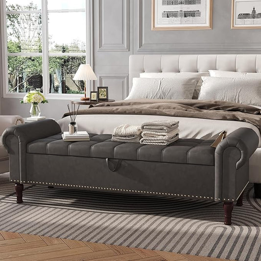 Apicizon 60” Bench with Storage, Upholstered Tufted Button Bedroom Bench with Storage, Faux Leather End of Bed Bench with Rolled Arms, Storage Ottoman Bench for Bedroom, Living Room, Entryway, Gray