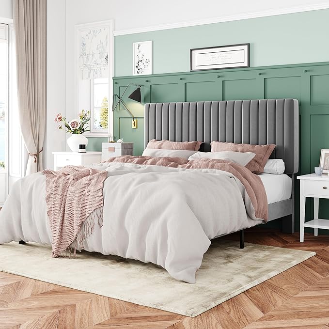 Allewie Queen Bed Frame, Velvet Upholstered Platform Bed with Adjustable Vertical Channel Tufted Headboard, Mattress Foundation with Strong Wooden Slats, Box Spring Optional, Easy Assembly, Grey