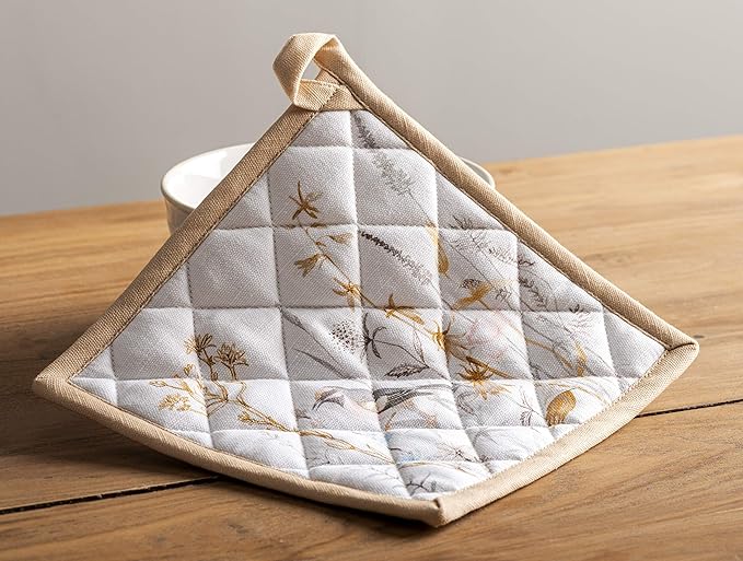 Maison d' Hermine Pot Holders Set 100% Cotton Heat Resistant Potholders 8" x 8" Hot Pads with Loop BBQ, Cooking, Grilling, Kitchen, Handling Hot Pans Spring/Summer (Pack of 2, Meadow Florals - Beige)