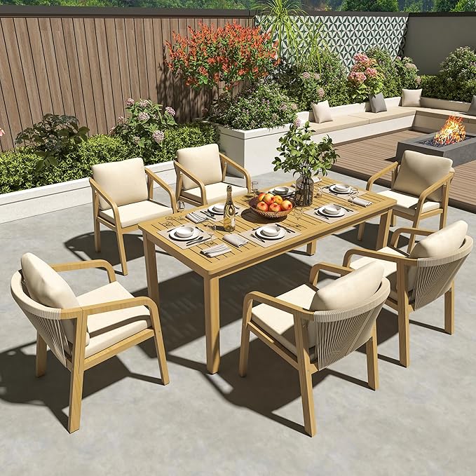 Wisteria Lane 7 Pieces Acacia Patio Dining Set for 6, Patio Dining Table and Chairs Set with Cushion, Modern Outdoor Dining Furniture Set for Lawn Backyard Garden Deck, Beige