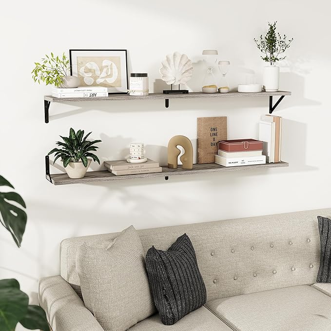 Dreamland 8 inch Deep Floating Shelves for Wall, 55W x 8D Wall Mounted Shelves Set of 2, Wide Display Ledge Shelf with Sturdy Metal Brackets for Living Room, Bathroom, Bedroom and Kitchen, Grey