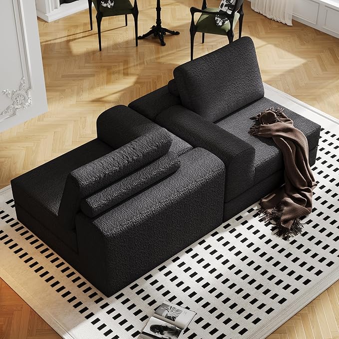Cloud Modular Sectional Sofa, DIY Combination Modular Couch for Living Room, Unique Knitted Fabric Love Seat Couches with 2 Pillows, 2 Seater Comfy Sectional Couch with No Assembly (Black)