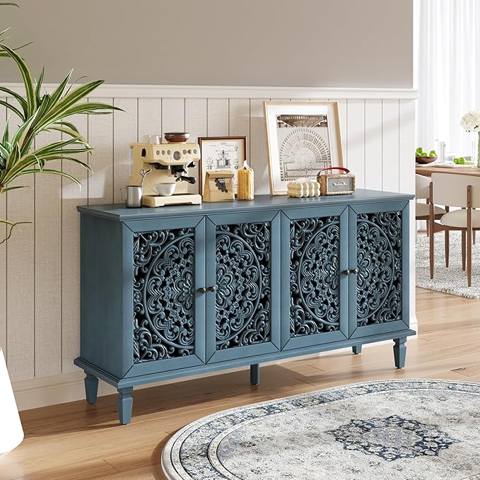 Retro 60'' Large Storage Cabinet Sideboard with 4 Hollow-Carved Doors and Adjustable Shelves, Acacia Wood Vintage Entryway Console Table TV Stand for Living Room Dining Room (Antique Blue-LK)