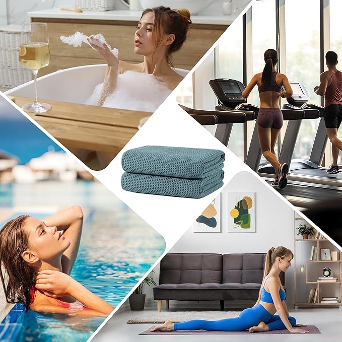 POLYTE 380 GSM Microfiber Oversize Quick Dry Lint Free Waffle Bath Towel for Body, 60 x 30 in, Set of 2