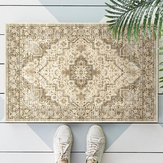 Area Rug 2x3 Washable Door Mat, Vintage Distressed Rug Indoor Entrance Traditional Thin Rug, Floral Print Non Slip Carpet for Kitchen Bathroom Bedroom Living Room (Brown, 2X3)