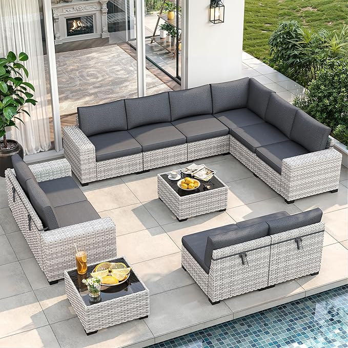 12 Piece Outdoor Wicker Rattan Sectional Sofa Set, 10-Seats Patio Furniture Conversation Set with 4" Thickened Cushions & Coffee Table, All-Weather PE Rattan for Garden, Backyard, Porch, Black
