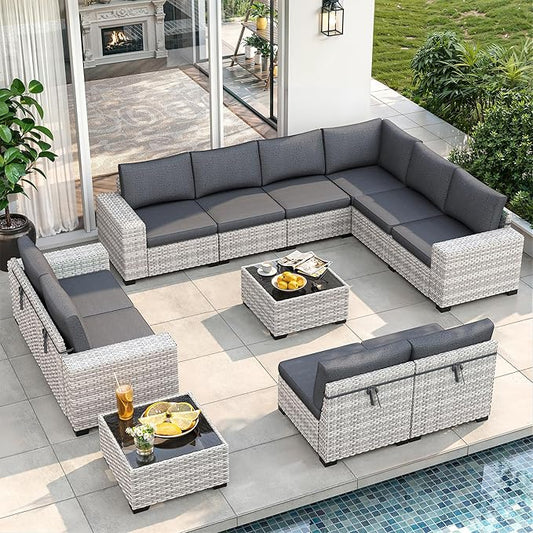12 Piece Outdoor Wicker Rattan Sectional Sofa Set, 10-Seats Patio Furniture Conversation Set with 4" Thickened Cushions & Coffee Table, All-Weather PE Rattan for Garden, Backyard, Porch, Black