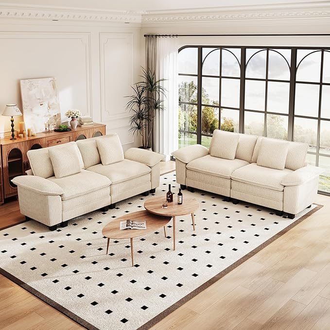 PHI VILLA Cloud Modular Couches Sets, 2 Pieces Sectional Loveseat Sofa Set, 4-Seater Comfy Couch for Living Room, Corduroy Fabric, Beige