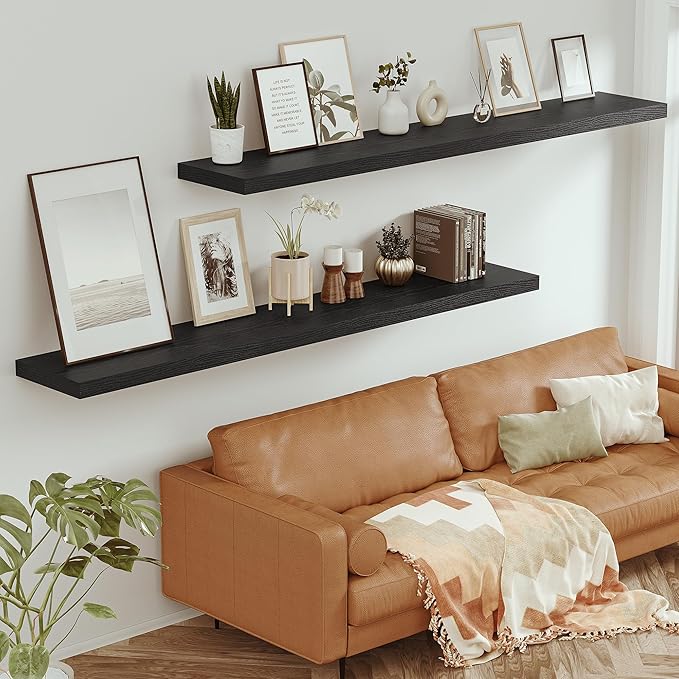 Vivelove 72 Inches Floating Shelves Wall Mounted, 12" Deep Wall Shelves for Bedroom, Bathroom, Living Room, Kitchen, Office, Home Decor, Modern Shelf, Set of 1, Black, 72x12x2