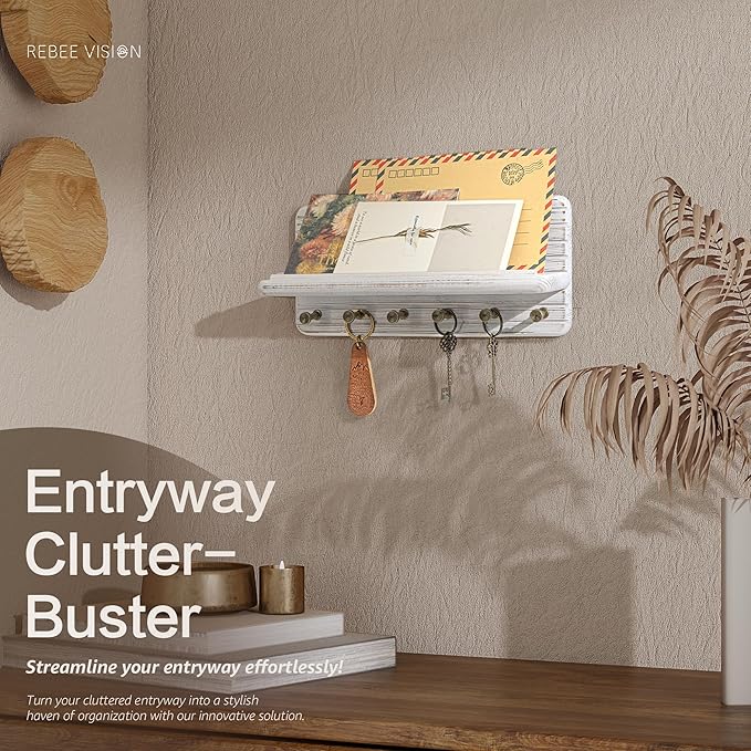 Rebee Vision Decorative Pine Wooden Key Holder Wall Mount for Apartment Essentials – Pine Wooden Key Holder for Wall with 6 Hooks & Floating Shelf – Modern Farmhouse House Decor (Whitewash)