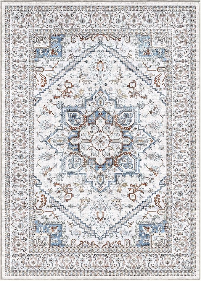 OPPODREAM Thin 10x14 Area Rugs, Neutral Washable Rugs 10x14 with Non Slip Backing, Low-Pile Faux Cashmere 10 x 14 Carpet, Cream White & Blue & Light Brown