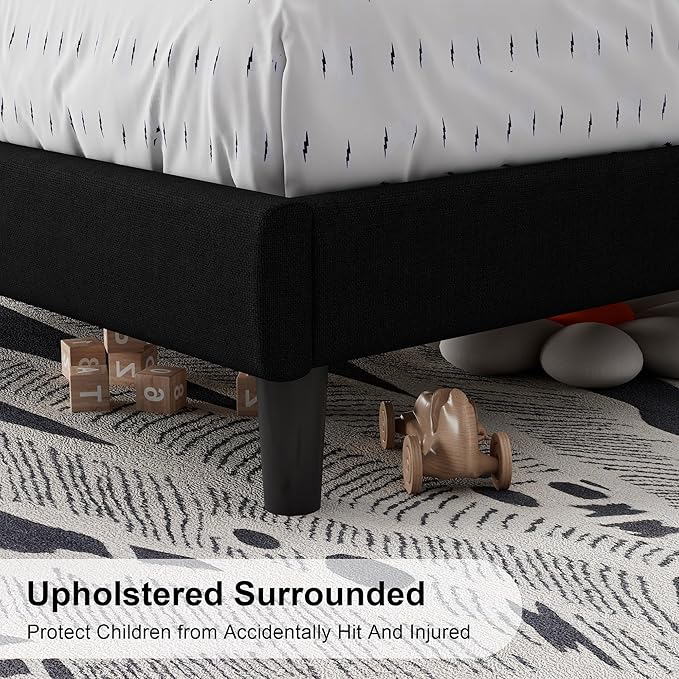 Feonase Twin Size Bed Frame with Charging Station, Upholstered Linen Bedframe with Wingback Headboard, Solid Wood Slats Support, No Box Spring Needed, Noise Free, Black