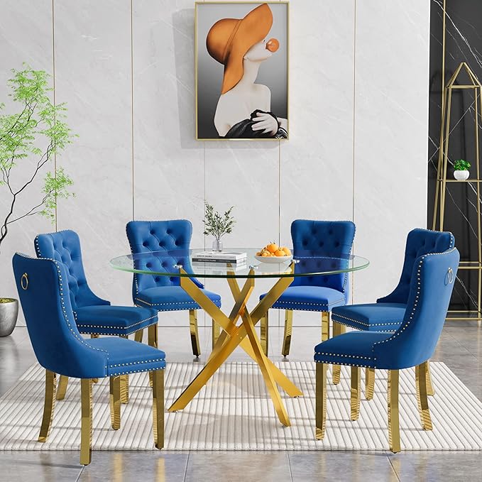Goujxcy Round Dining Table Set for 6, Modern Glass Kitchen Table and Chairs Set of 6, 7-Piece Dining Room Table Set w/47 Circle Gold Glass Dining Table and 6 Upholstered Velvet Chairs