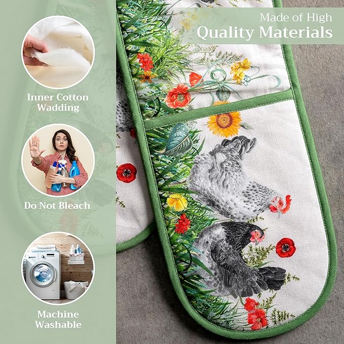 Maison d' Hermine Double Oven Mitts 100% Cotton 7"x35" Double Oven Mitt Heat Resistant BBQ Cooking Gloves with Loop, Baking, Grilling, Home, Kitchen, Handling Hot Pans Spring Summer (Basse Cour)