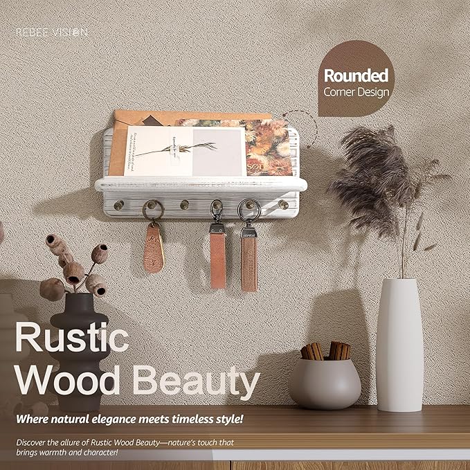 Rebee Vision Decorative Pine Wooden Key Holder Wall Mount for Apartment Essentials – Pine Wooden Key Holder for Wall with 6 Hooks & Floating Shelf – Modern Farmhouse House Decor (Whitewash)