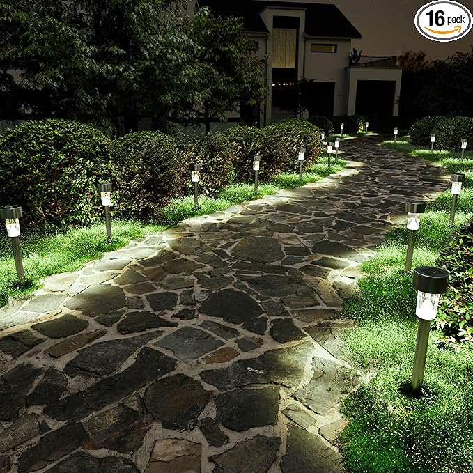 SOLPEX 16 Pack Solar Outdoor Lights Pathway, Stainless Steel Solar Lights Outdoor Waterproof,LED Landscape Lighting Walkway for Landscape/Patio/Lawn/Yard/Driveway-Cold White