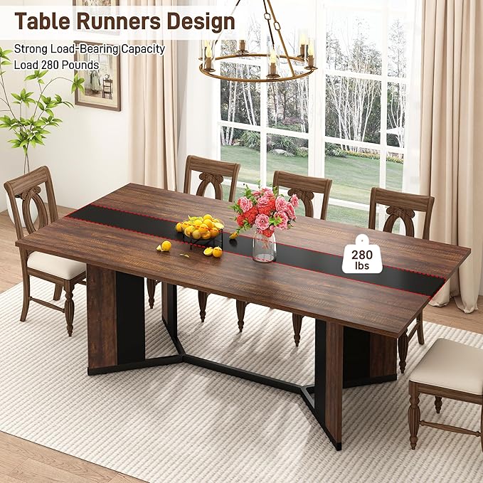 71 inch Dining Table for 4 5 6 | Modern Brown and Black Rectangular Kitchen Table W/Waterproof Wood Tabletop,Farmhouse Long Dining Room Tables W/Adjustable Legs&Wood Strip Base for Kitchen Living Room