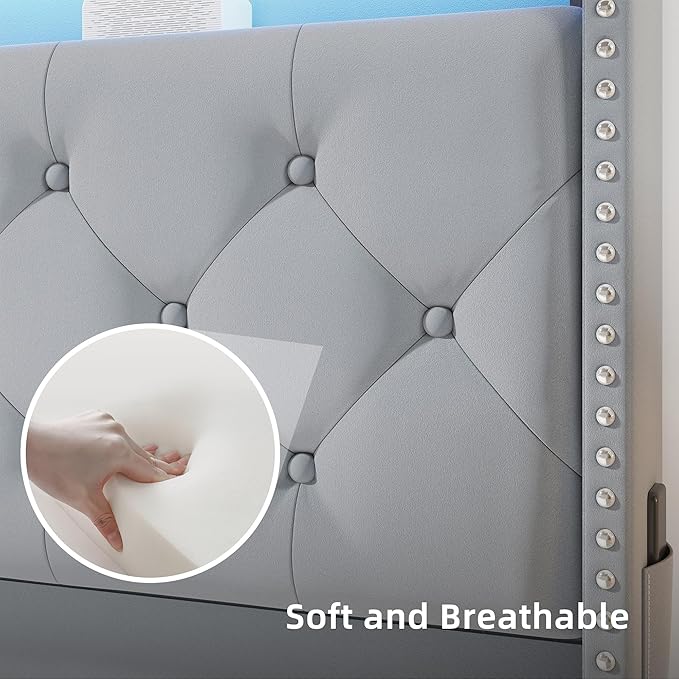 BRELTAM King Size Bed Frame with 4 Storaged Drawers,Upholstered Velvet Tufed Bed Frame with LED Light and Charging Station,Platform Bed Frame with Headboard Heavy Duty Wood Slats,Bluish Grey