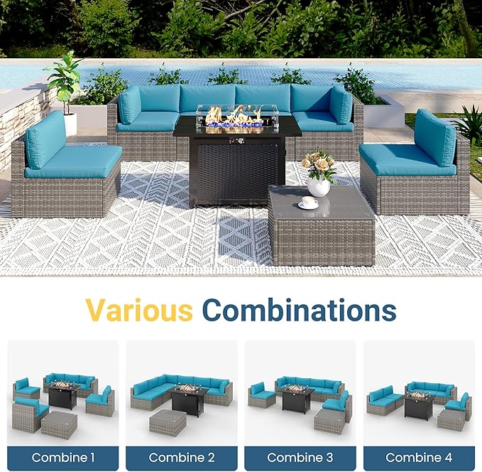 8 Pieces Outdoor Patio Furniture Set with 43" Fire Pit Table, Wicker Outdoor Patio Sectional Sofas with Cushions and Coffee Table, All-Weather Patio Conversation Set for Garden Backyard, Light Blue