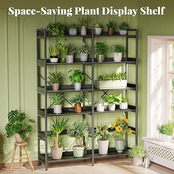 Huuger 6 Tier Bookshelf, Display Bookshelf with 12 Open Shelves and Raised Baffle, 47.2 Inch Straight Wide Bookcase with Metal Frame and Wooden Board, Adjustable Feet, Black