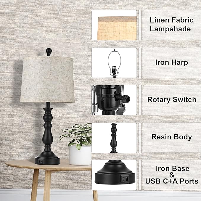 23'' Farmhouse Table Lamps for Living Room Set of 2 with USB C+A Ports, Retro Bedside Lamp for Bedroom, Office, Dining Room, Knob Switch, 3 Color Temperatures, Bulb Included, Black