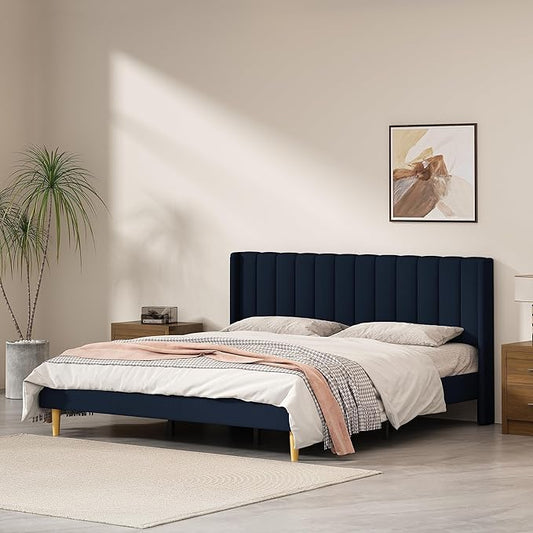 King Size Upholstered Platform Bed Frame with Modern Wingback & Vertical Panel Headboard, Linen Fabric, Wooden Legs & Slats Support, No Box Spring Needed, Noise-Free & Easy Assembly, Dark Blue