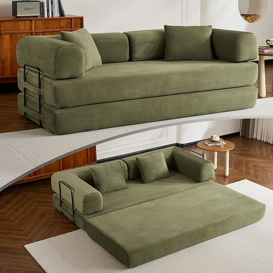 Convertible Folding Couch Bed, Comfy Corduroy Sleeper Floor Sofa Bed with Fixed-Shape Frame, Floor Sofa with Armrest, Lounge Couch for Living Room Bedroom Lounge Studio, Green