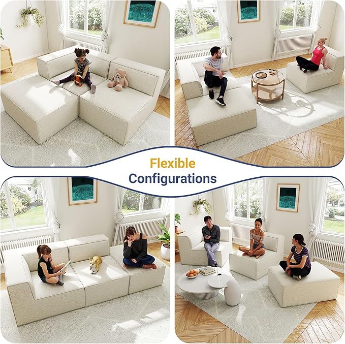 106" Sectional Compressed Sofa Modular Couches,High-Density Foam No Assembly Required,3-Piece(1xCorner 1xArmless 1xOttoman) for Living Room, Chenille Beige White