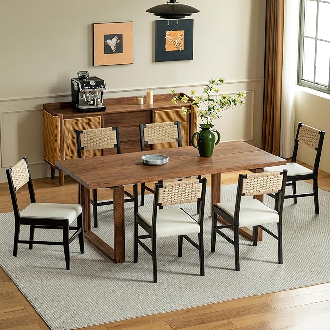 Chogori Wooden Dining Chairs, Modern Farmhouse Kitchen & Dining Room Accent Side Chairs with Woven Rope Back and Fabric Upholstered for Home, Living Room (Black, Set of 4)