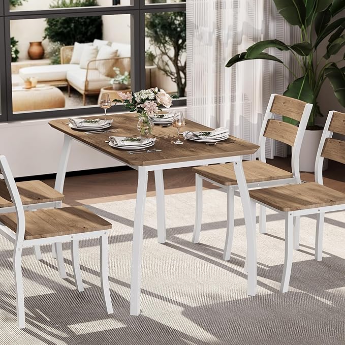 5 Piece Dining Table Set for 4, Space-Saving Kitchen Table with Wooden Seat Chairs, Modern Angled Corner Design, Compact Dinner Set for Small Spaces, Apartment, White & Wood Grain Color