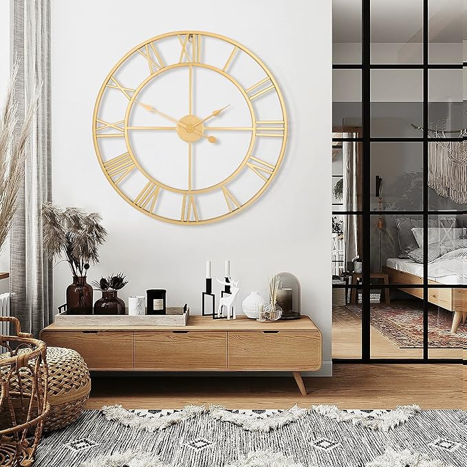 1st owned Large Wall Clock Metal Retro Roman Numeral Clock, Modern Round Wall Clocks Almost Silent, Easy to Read for Living Room/Home/Kitchen/Bedroom/Office/School Decor (Gold, 32 Inch)