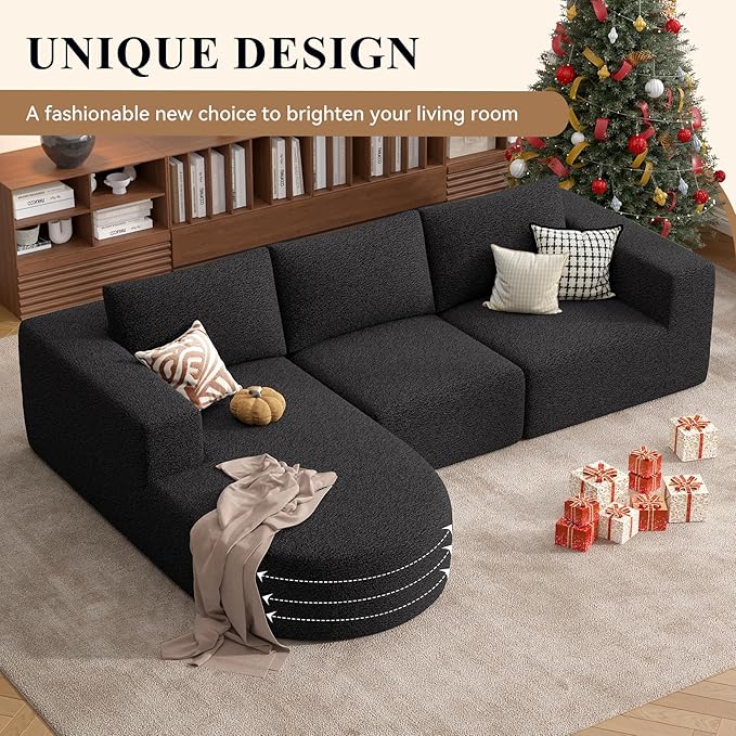 Modular Sectional Sofa with L-Shape Chaise,Cloud Sectional Modern Sleeper Couch with Deep Seat,Sponge Compression Sofas No Assembly Required (Black-Sherpa Fabric) 1PCS