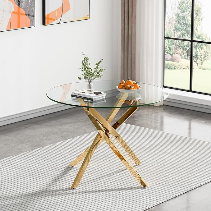 36" Round Glass Dining Room Table for 4 with Tempered Glass Top and Gold Chrome Metal Legs, Modern Clear Kitchen and Dinner Table for Home Office Dining Room
