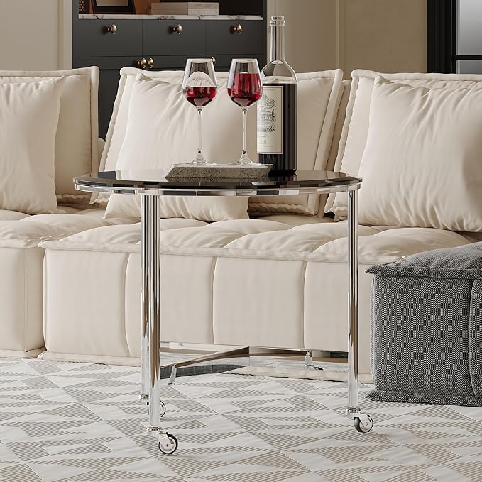 31.5 Inch Round Walnut Coffee Table with Hidden Storage Drawers and Silver Polished Stainless Steel Base, Modern Coffee Table Set with Rolling Side Table for Living Room